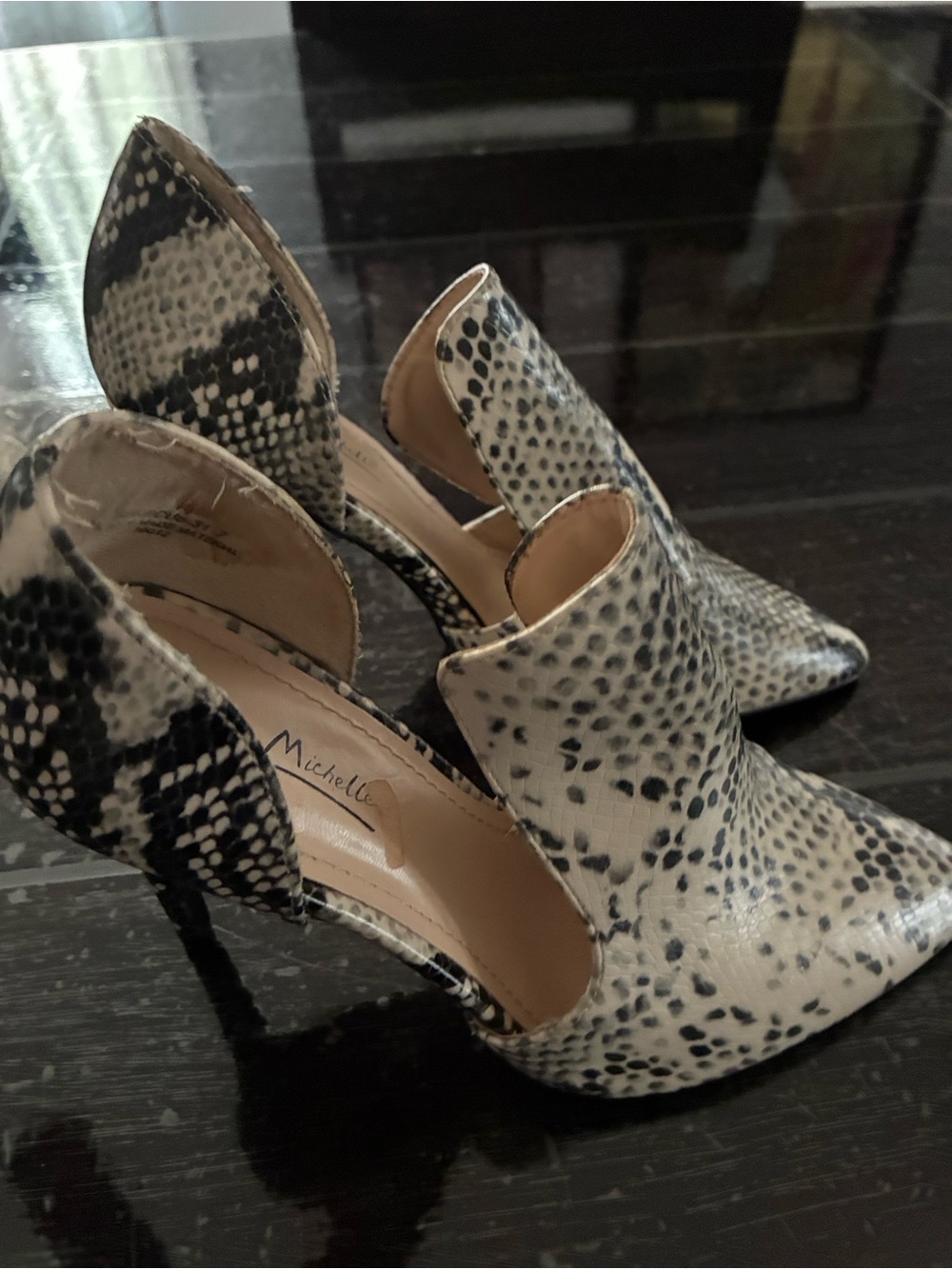 Anne Michelle Black & White Snakeskin Pointed Toe Cutout Heels